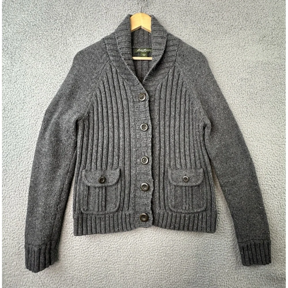 Eddie Bauer Cardigan Sweater Women XL Angora Blend Ribbed Shawl Collar Button Up
